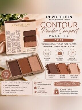 ✨️ Revolution Contour Powder Compact Palette – Deep | Highlight, Shade & Contour
